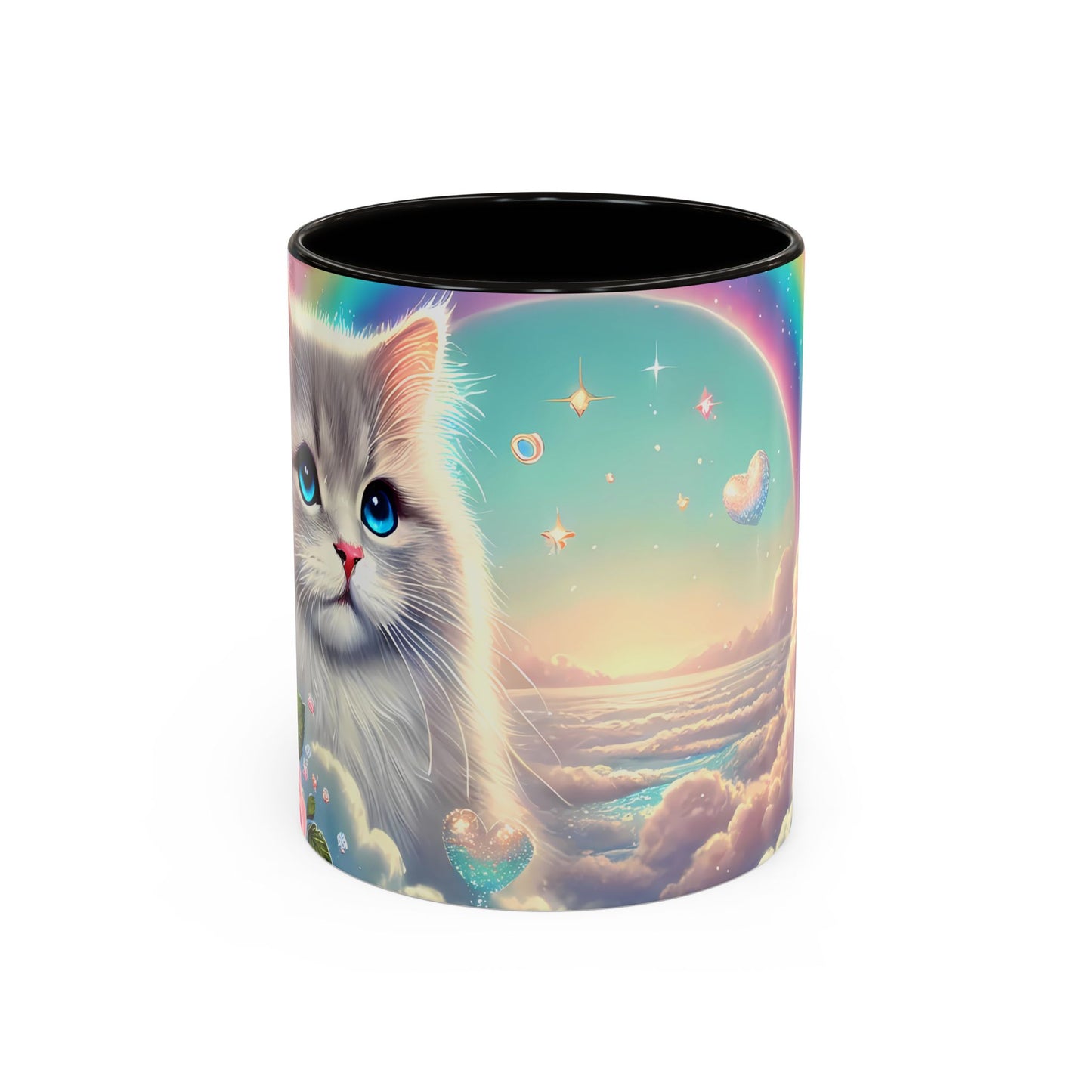 Mug Chat Blanc Kawaii – Tasse Féérique Pastel avec Arc-en-Ciel et Roses – Cadeau Amoureux des Chats 325ml