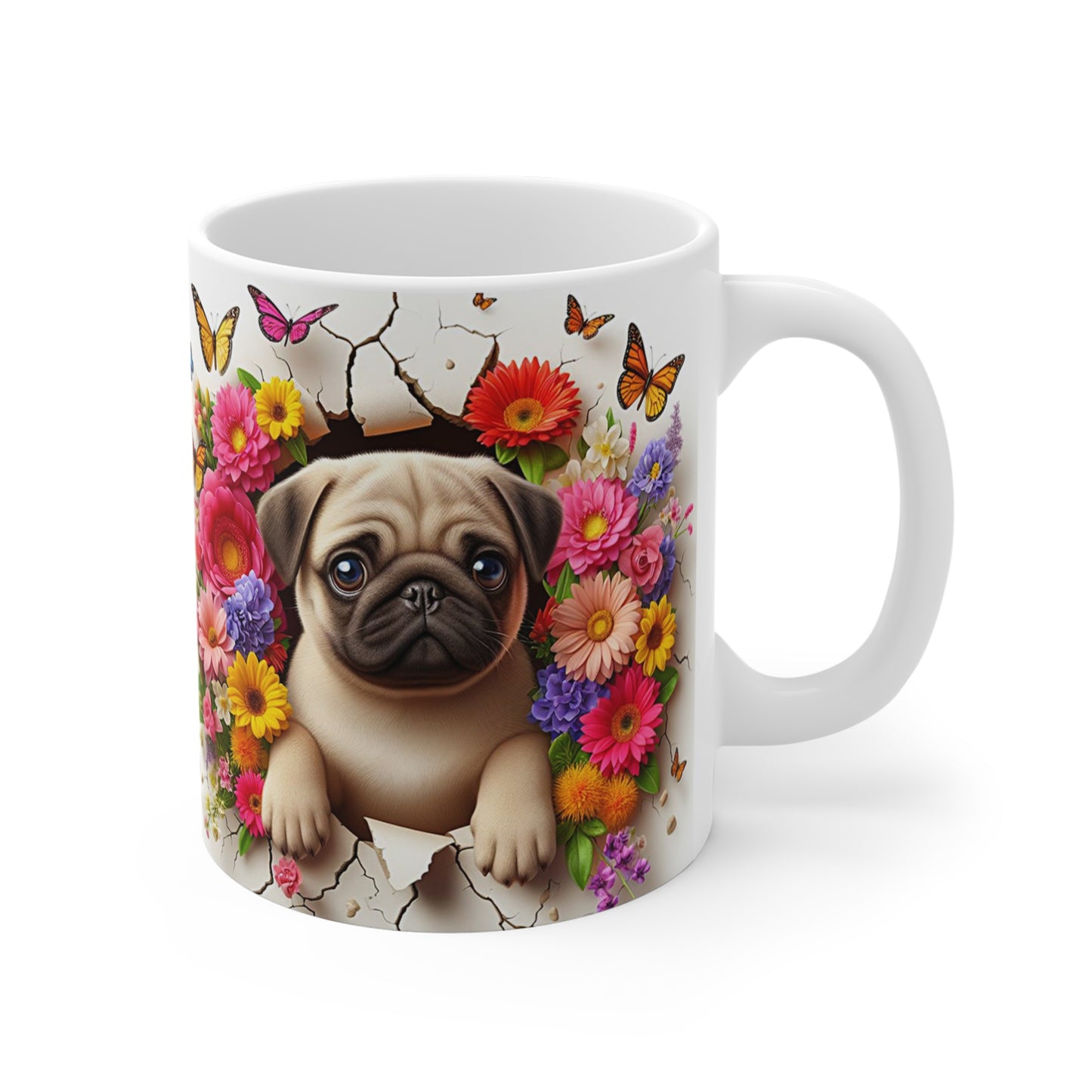 Tasse Céramique Carlin Pug et Fleurs – Mug Chien Mignon Papillons – Cadeau Animaux Bohème 325ml