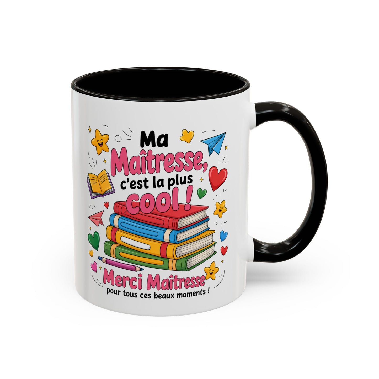 Tasse Merci Maîtresse – Mug Cadeau Fin d’Année École Primaire – Remerciement Enseignante 325ml Noir Bleu Rouge