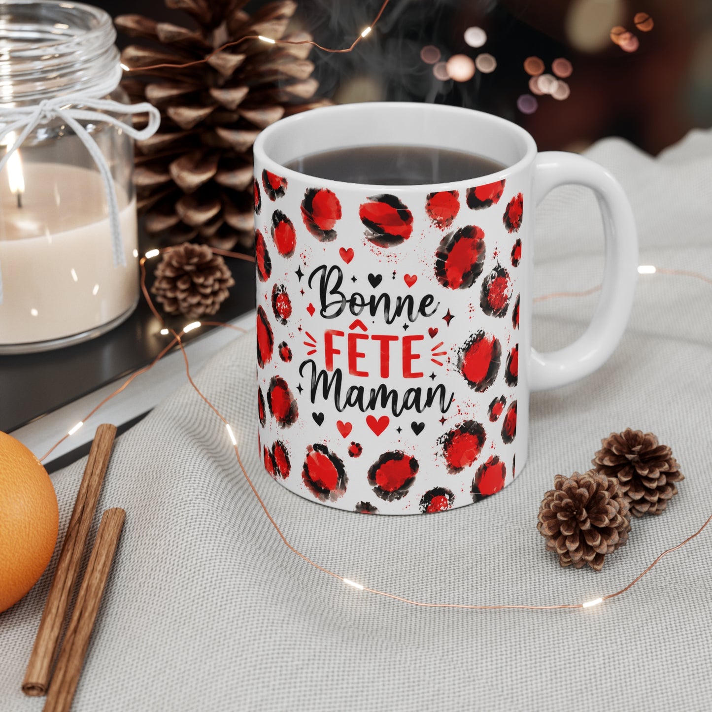 Tasse Bonne Fête Maman – Mug Cœurs Rouges et Noir Style Aquarelle – Cadeau Fête des Mères Femme 325ml