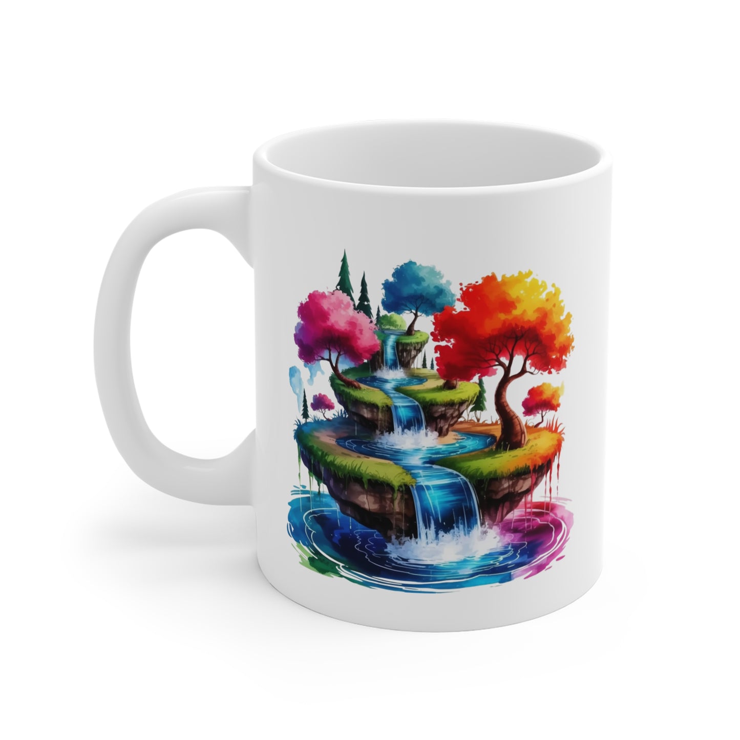 Mug Paysage Fantastique avec Cascades et Arbres Arc-en-Ciel – Tasse Nature Féérique et Colorée – Design Fantasy Relaxant – Cadeau Original pour Amoureux de la Nature et des Mondes Magiques – Céramique...