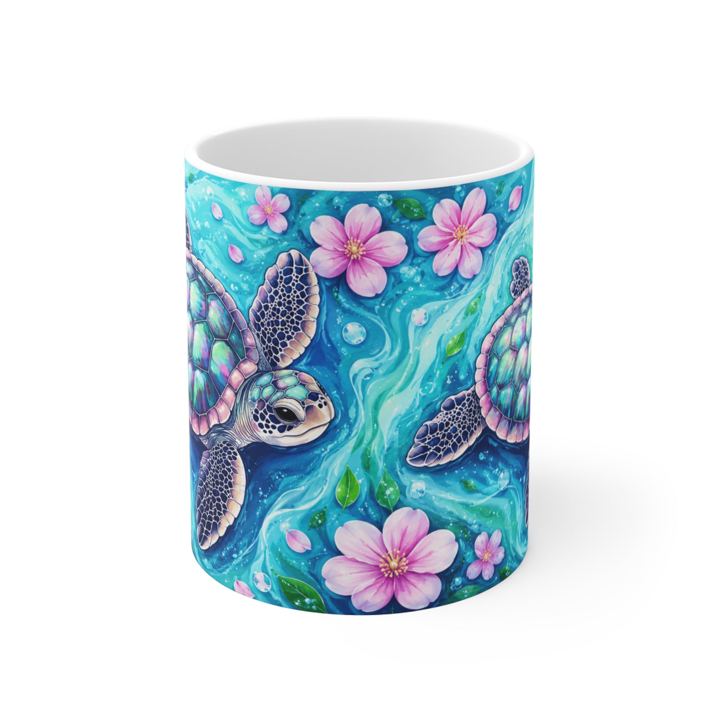 Tasse Tortue Marine – Mug Océan Tropical et Fleurs Roses – Cadeau Femme Homme 325ml