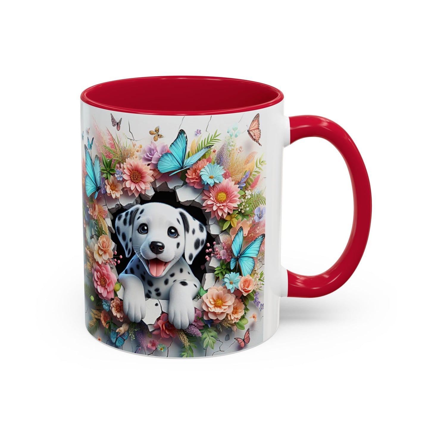 Mug Dalmatien Kawaii – Tasse Chiot Dalmatien avec Fleurs Pastel et Papillons Bleus – Cadeau Amoureux des Chiens 325ml