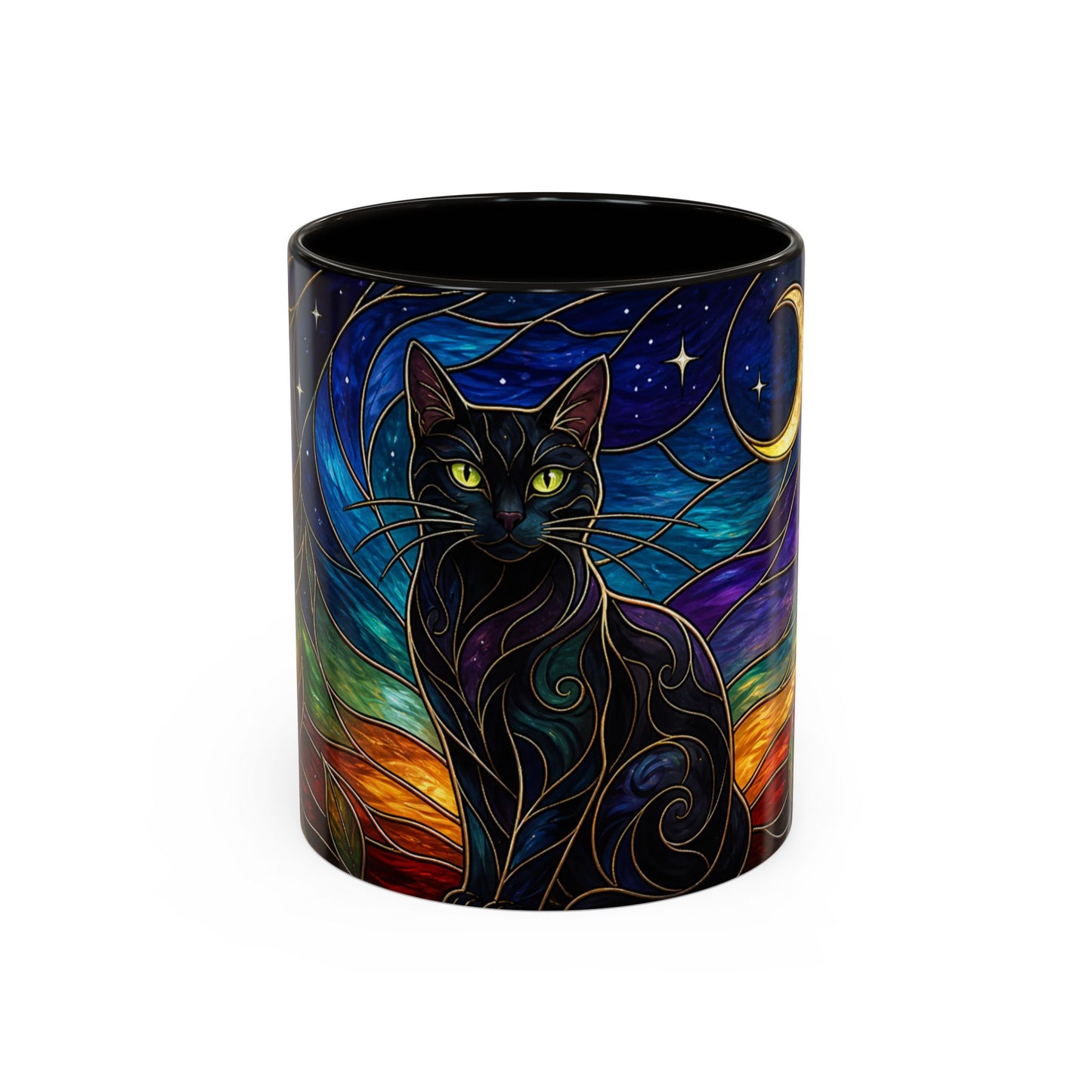 Tasse Chat Noir Style Vitrail – Mug Artistique Multicolore avec Lune et Chat Mystique – Céramique 325ml