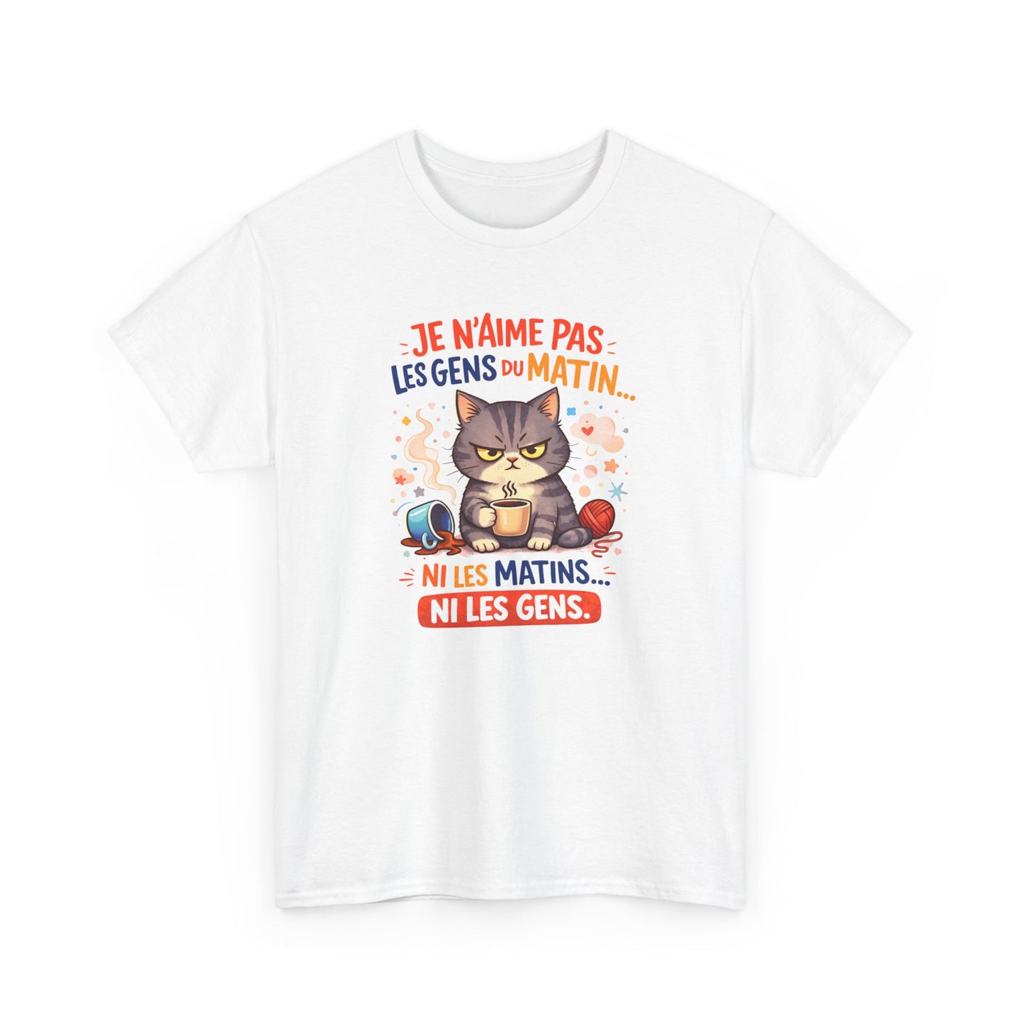 Tee Shirt Chat Humour Je n’aime pas les gens du matin – Amoureux du café drôle – Cadeau Blanc Gris Noir