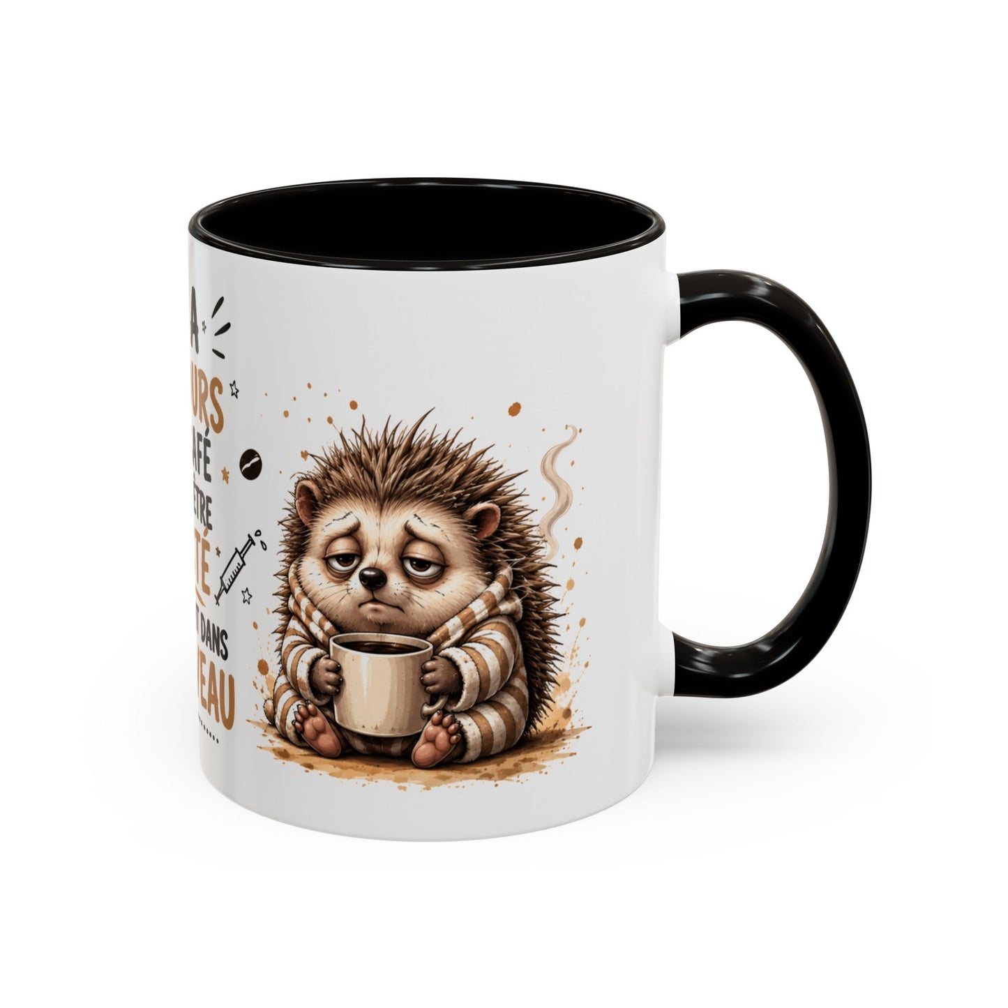 Tasse Café Injecté Dans Le Cerveau – Mug Hérisson Fatigué Humour – Cadeau Café 325ml