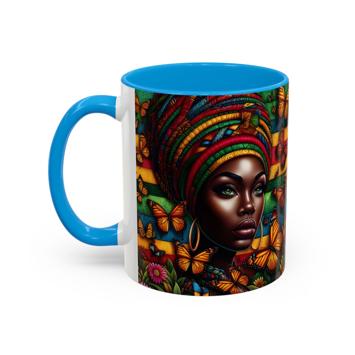 Mug Femme Afro Art Coloré – Tasse Portrait Afro avec Papillons et Motifs Tropicaux – Design Bohème 325ml