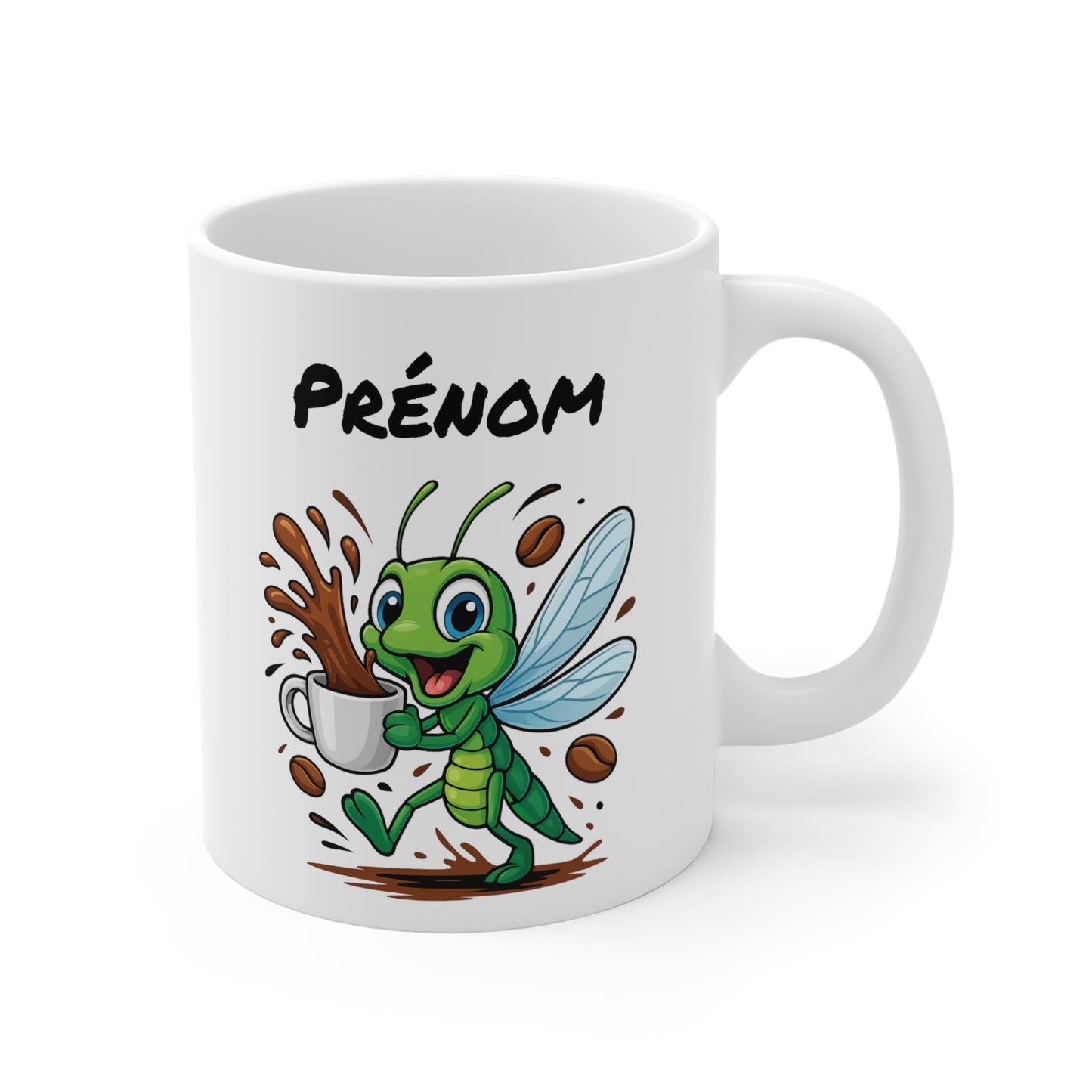Mug Libellule Caféinée Personnalisable – Tasse Céramique 325ml avec Prénom – Design Cartoon Drôle