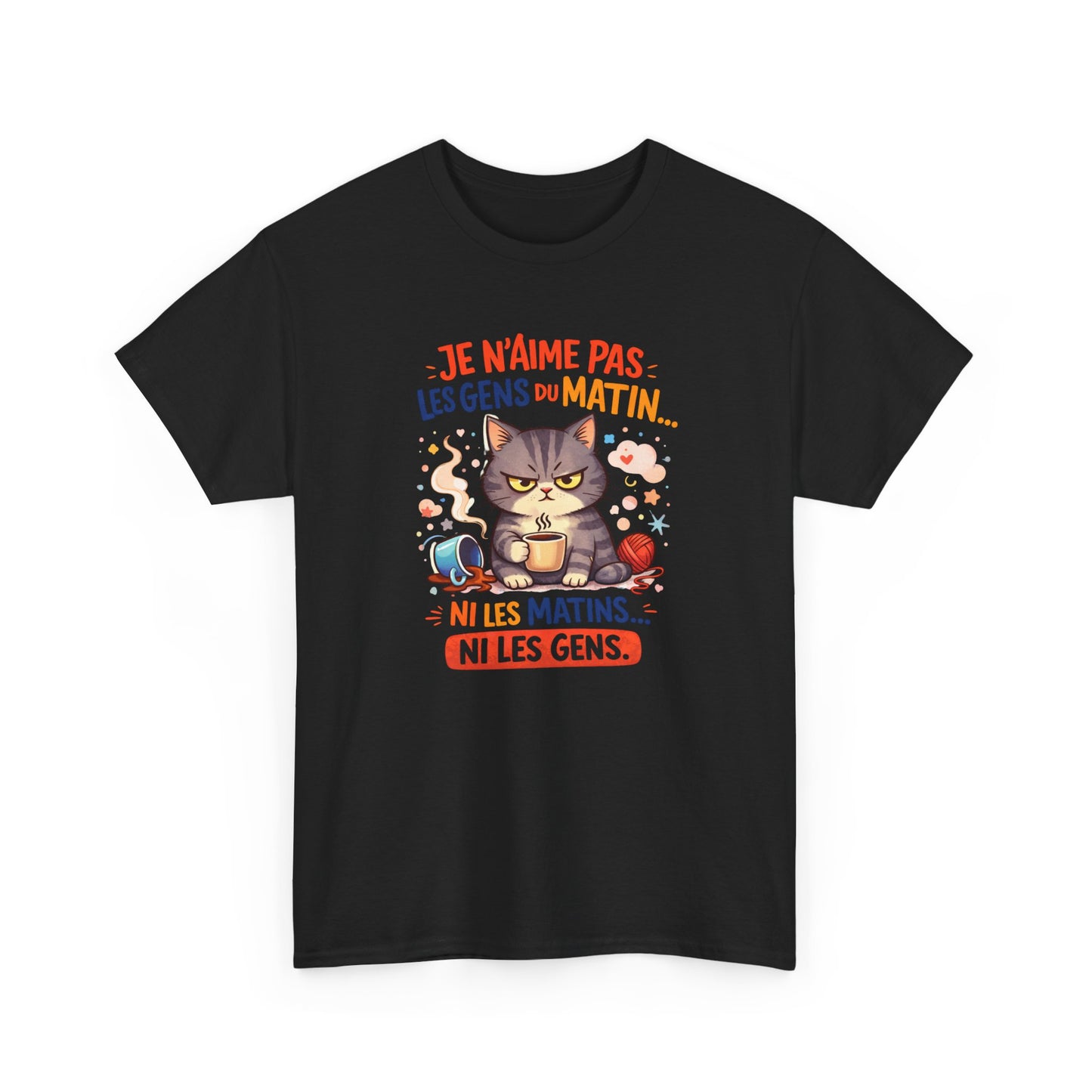 Tee Shirt Chat Humour Je n’aime pas les gens du matin – Amoureux du café drôle – Cadeau Blanc Gris Noir