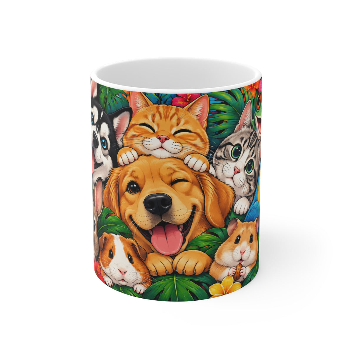 Mug Animaux Mignons dans un Décor Tropical – Tasse Chien, Chats, Lapin, Perroquet, Tortue et Grenouille – Cadeau Original Amoureux des Animaux