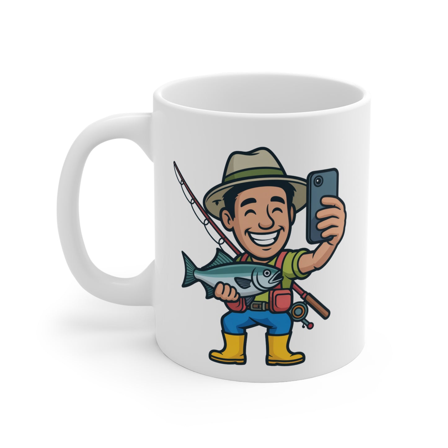 Mug Pêcheur Selfie – Tasse Humour Poisson et Canne à Pêche – Cadeau Original pour Amateur de Pêche et Nature
