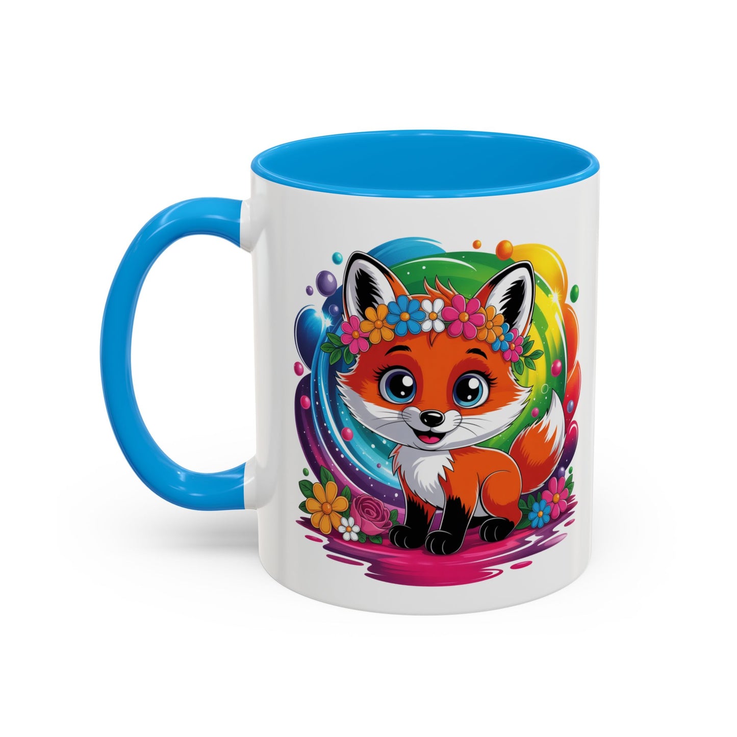 Mug Renard Mignon Multicolore – Tasse Design Kawaii Renard et Fleurs Arc-en-ciel – Cadeau Original 325ml