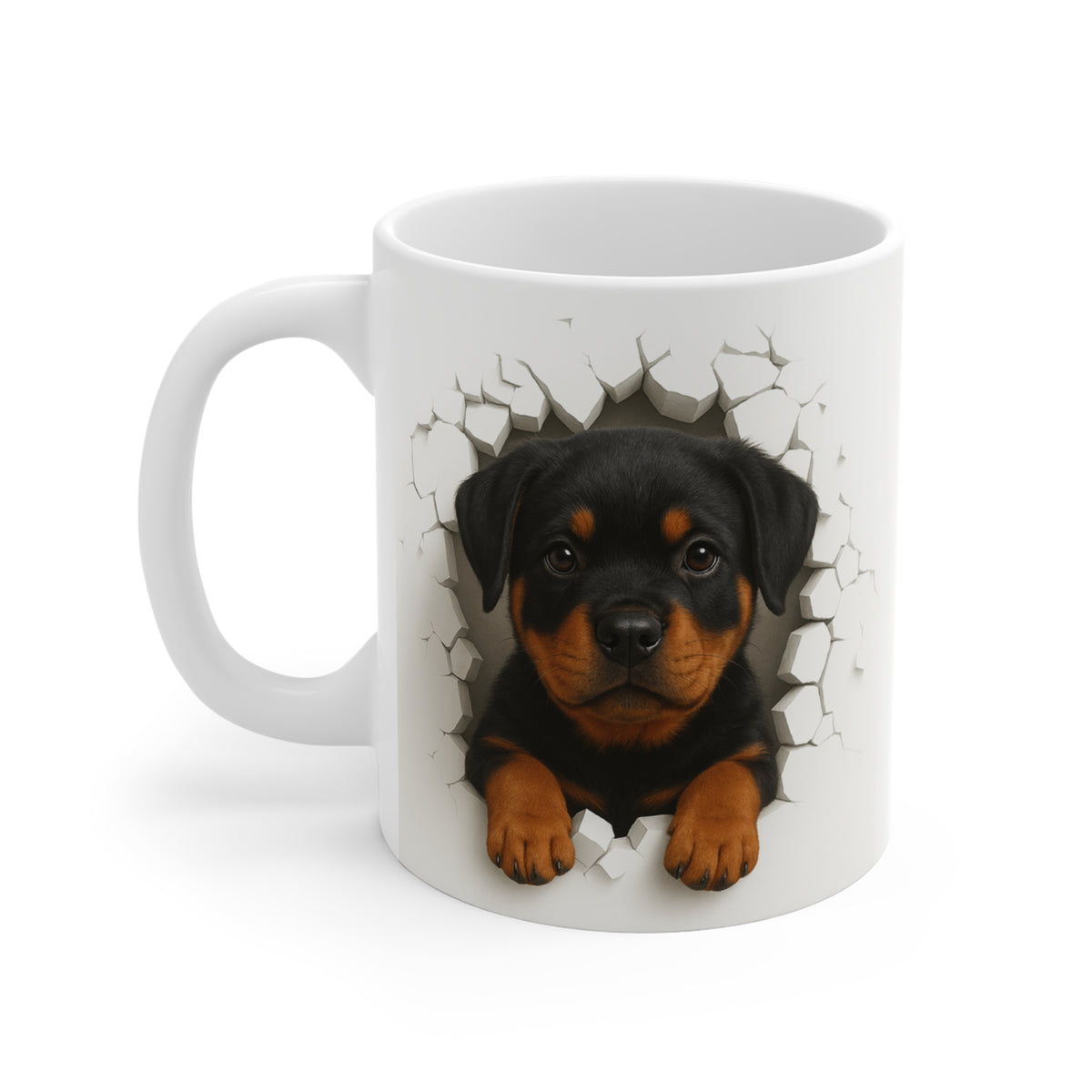 Mug Rottweiler Effet Mur Cassé – Tasse Chien 3D Trompe-l’œil – Cadeau Original Amoureux du Rottweiler