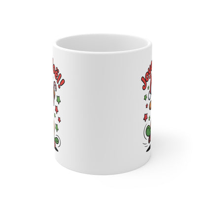 Tasse de Noël – Mug Bonhomme Pain d’Épices sur Skateboard avec Bonnet de Père Noël – Cadeau Festif Original