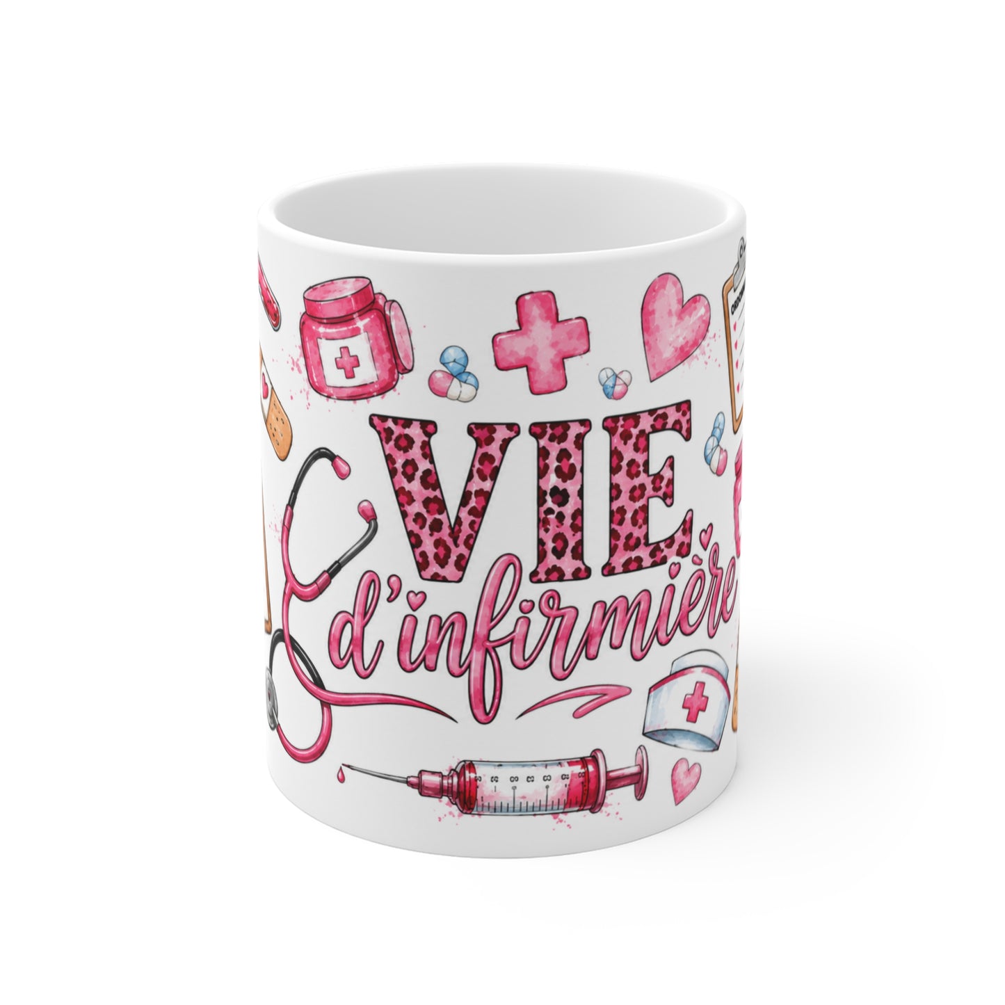 Tasse Vie d’Infirmière – Mug Infirmière Rose avec Stéthoscope et Accessoires Médicaux – Cadeau Femme 325ml