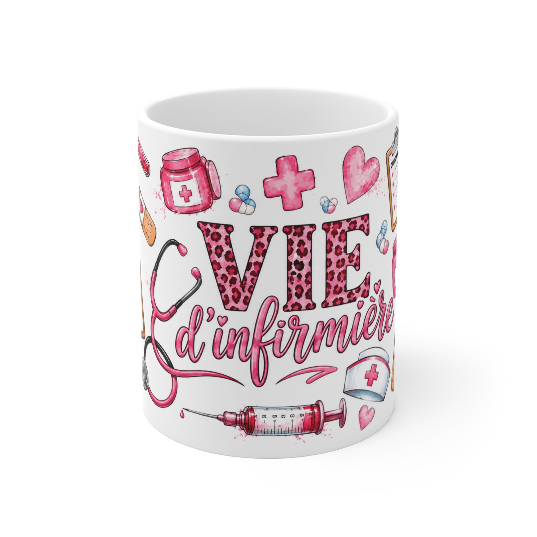 Tasse Vie d’Infirmière – Mug Infirmière Rose avec Stéthoscope et Accessoires Médicaux – Cadeau Femme 325ml