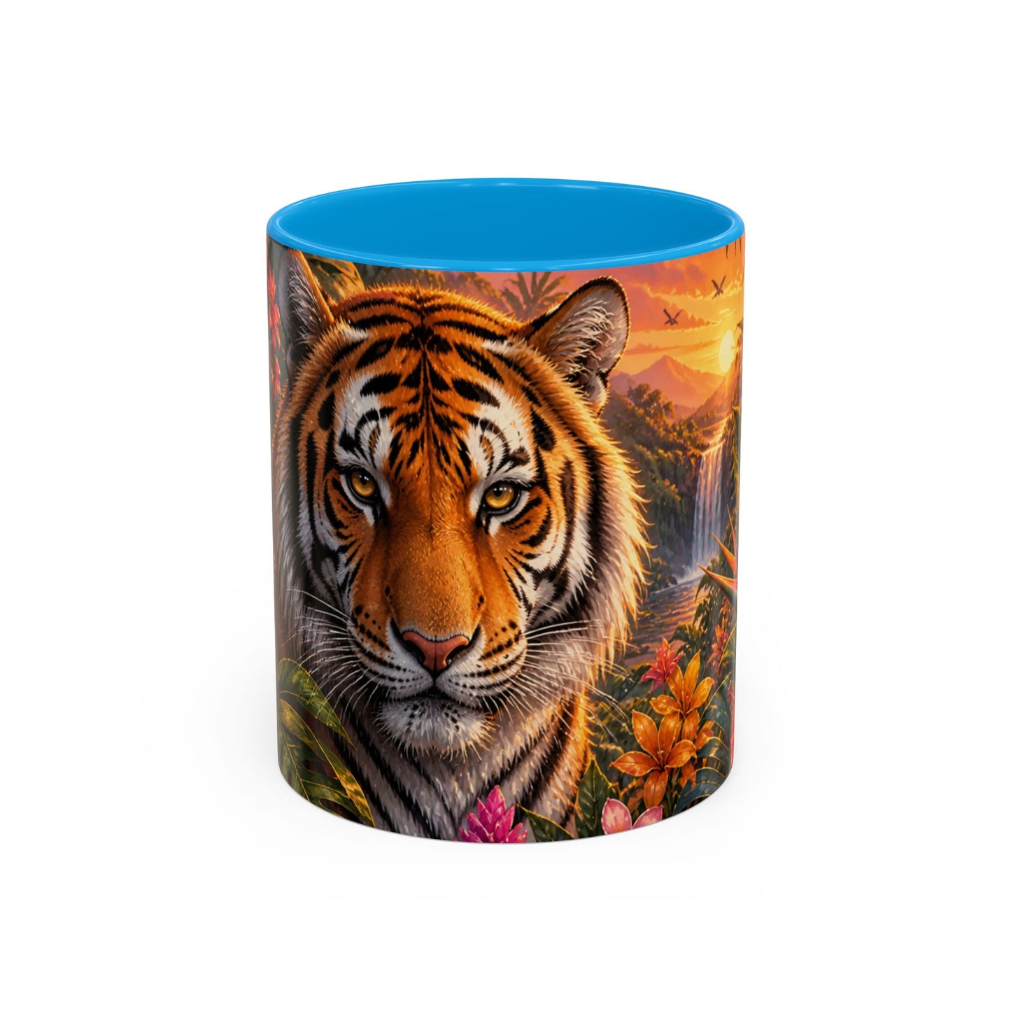 Tasse Tigre Tropical – Mug Jungle avec Tigre Majestueux, Fleurs Exotiques et Cascade au Soleil Couchant – Design Safari 325ml