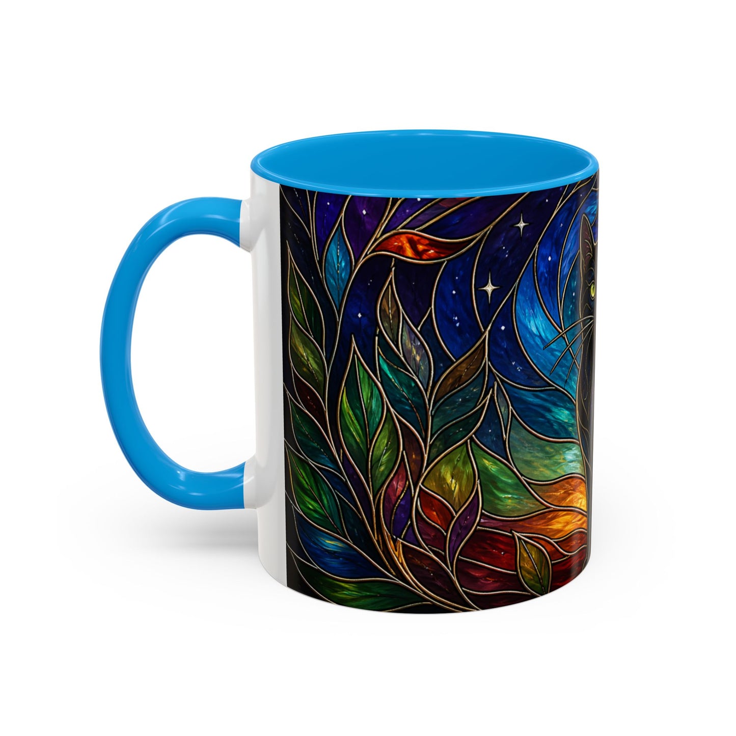 Tasse Chat Noir Style Vitrail – Mug Artistique Multicolore avec Lune et Chat Mystique – Céramique 325ml