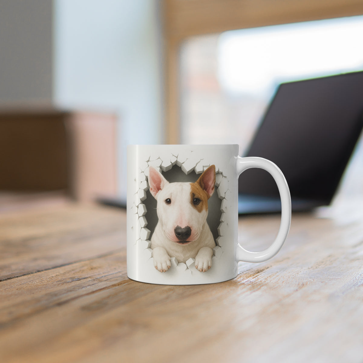 Mug Bull Terrier Effet Mur Cassé – Tasse Chien 3D Trompe-l’œil – Cadeau Original Amoureux du Bull Terrier