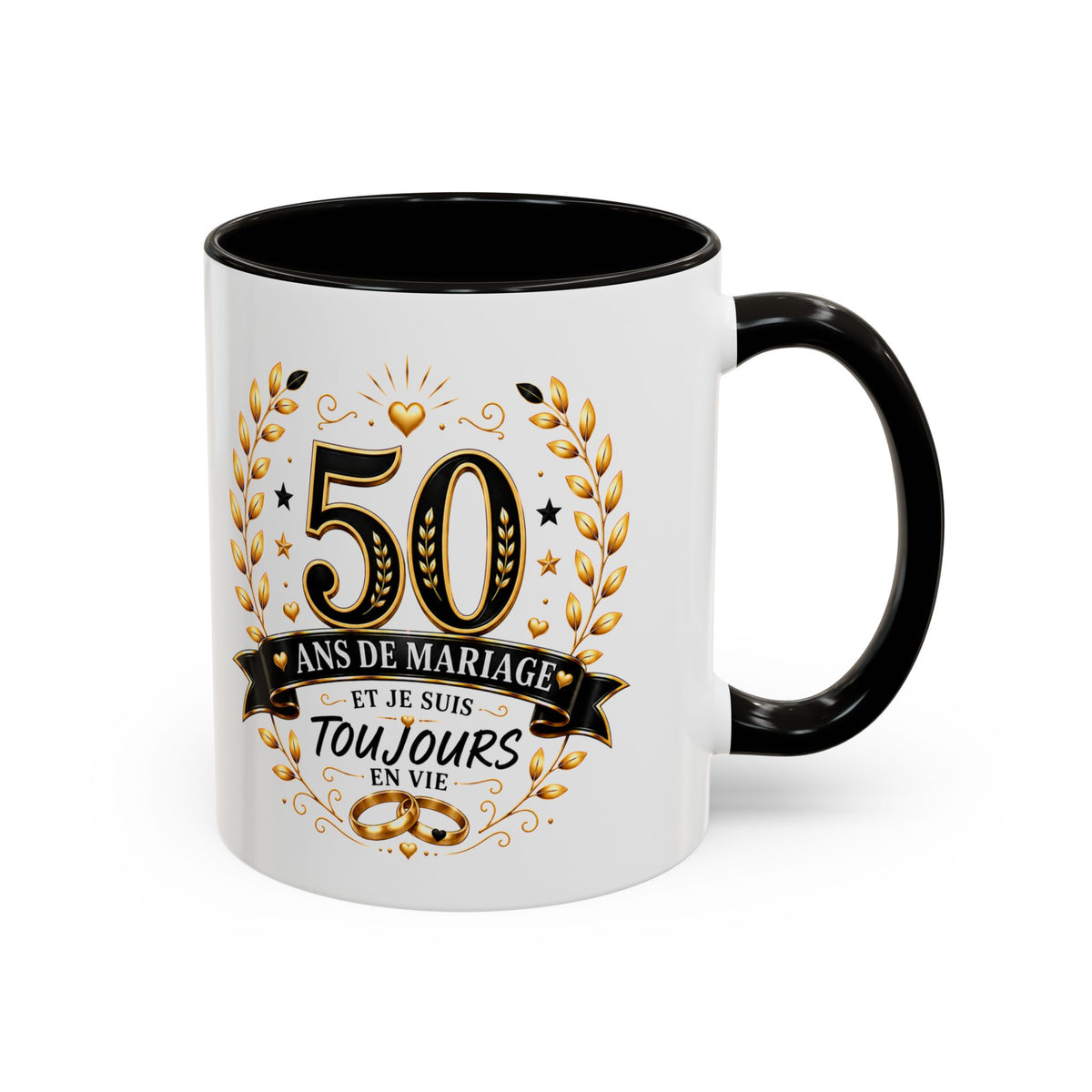 Mug 50 Ans de Mariage et Je Suis Toujours en Vie – Tasse Humoristique Anniversaire de Mariage – Idée Cadeau Couple Noces d’Or noir bleu rouge