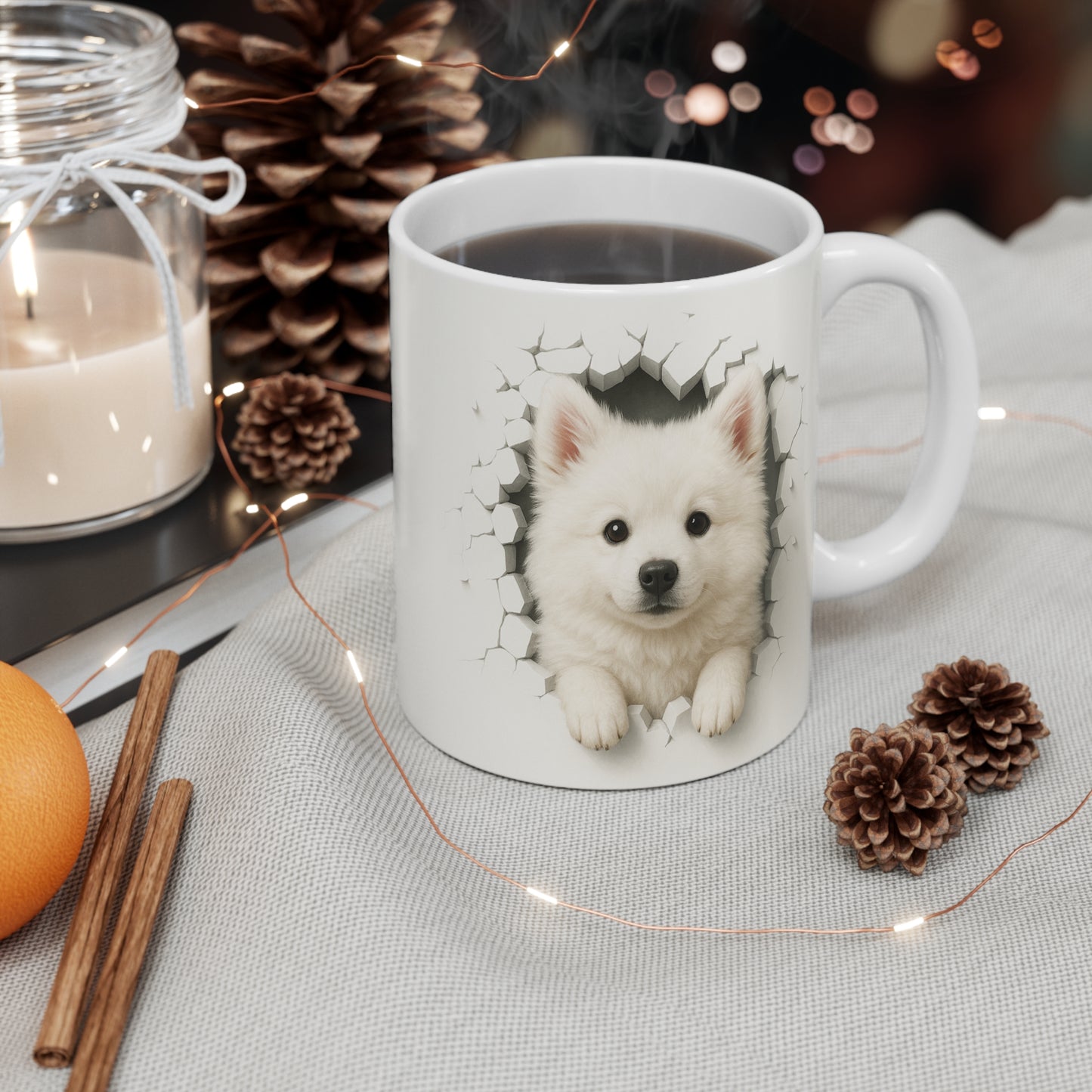 Mug Spitz Blanc Effet Mur Cassé – Tasse Chien 3D Trompe-l’œil – Cadeau Original Amoureux du Spitz