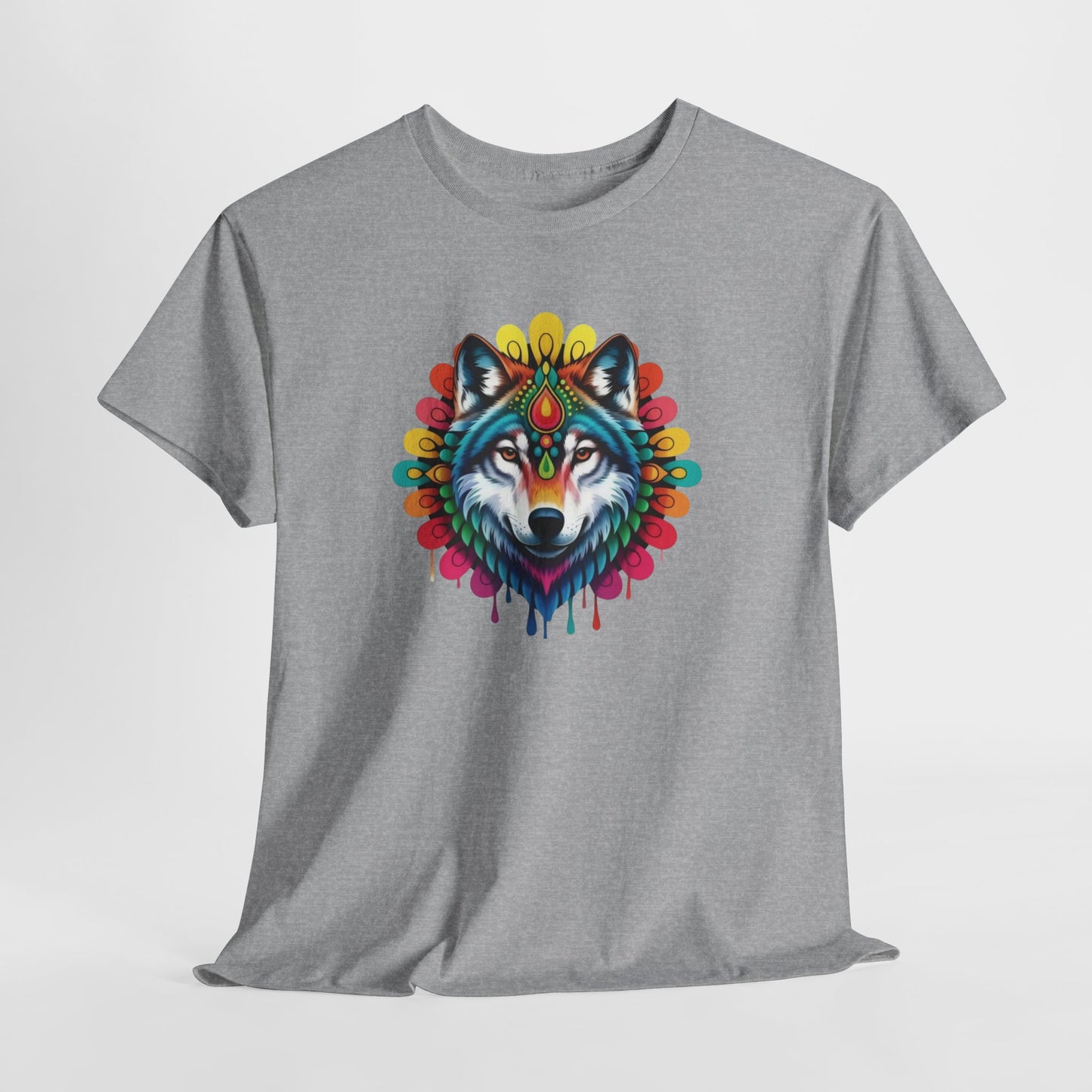 T-Shirt Loup Coloré Mandala – Tee Shirt Wolf Spirituel Tribal – Cadeau Original Animal Mystique Noir Blanc Gris
