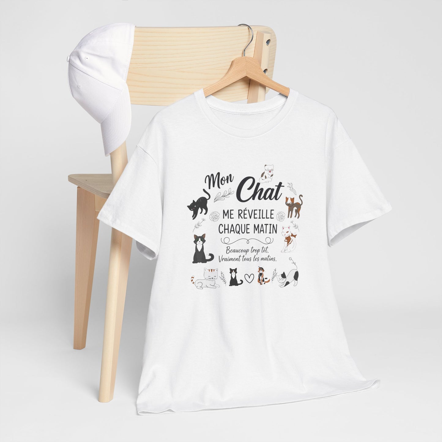 Tee Shirt Chat Homme Femme – Humour Réveil Matin et Fatigue – Idée Cadeau Amoureux des Chats Propriétaire de Félin