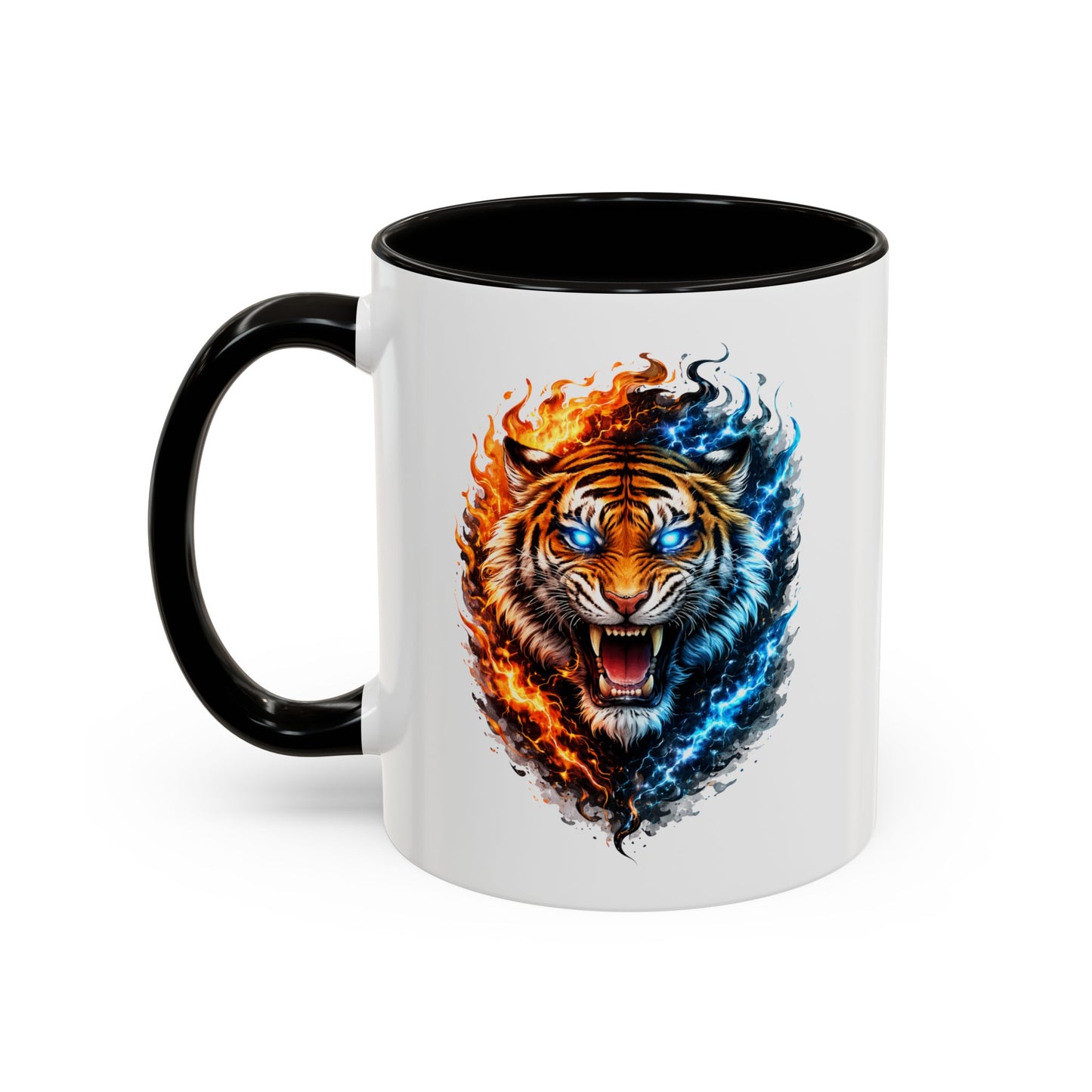 Tasse Tigre Feu Glace 325ml – Mug Céramique Design Animal Puissant Bleu Rouge Noir – Cadeau Original Fantaisie