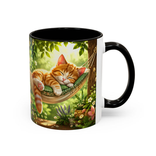 Tasse Chat Dormeur Kawaii – Mug Chaton Endormi Hamac Fleuri – Cadeau Amoureux des Chats 325ml