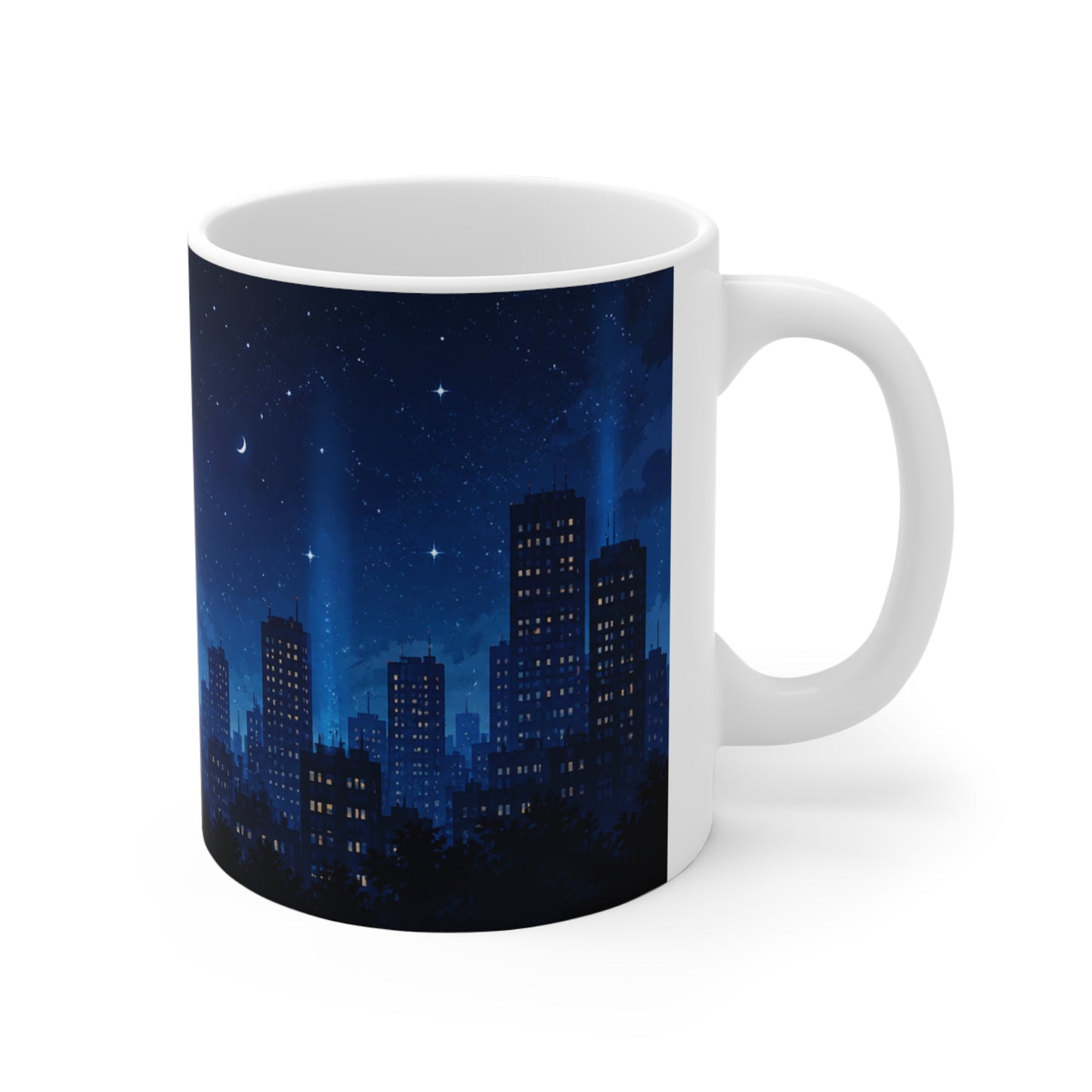 Tasse Ville Nocturne Ciel Étoilé – Mug Skyline Urbain Nuit Lune Étoiles – Cadeau Homme Femme Enfant 325ml