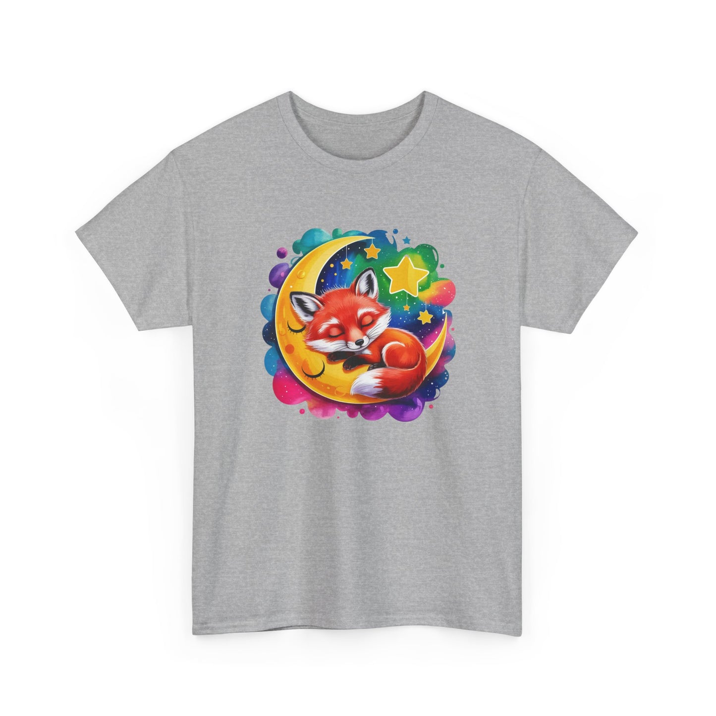 T-Shirt Renard Mignon Dormant sur Lune – Tee Shirt Nuit Étoilée Fantaisie – Cadeau Animal Cute Rêve Noir Blanc Gris
