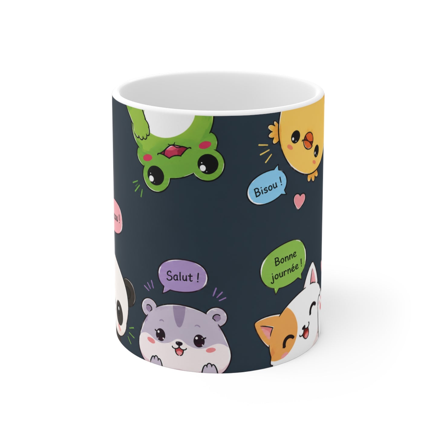 Tasse Animaux Kawaii Bonjour – Mug Mignon Chat Panda Lapin Renard – Cadeau Femme Enfant 325ml