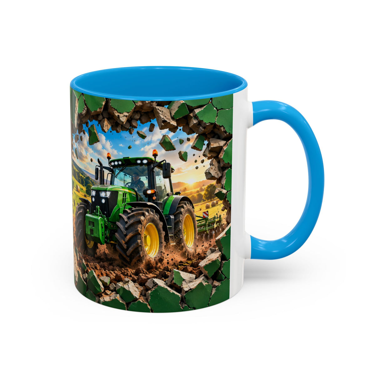 Mug Tracteur Agricole Vert – Tasse Agriculture avec Champ et Effet Mur Brisé – Cadeau Original Agriculteur Passionné de Tracteurs