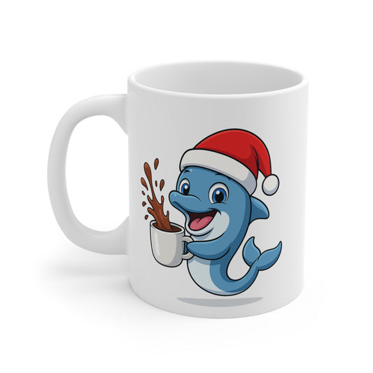 Mug Dauphin Noël 325ml – Tasse Céramique Mignonne avec Bonnet Rouge – Cadeau Fêtes Original
