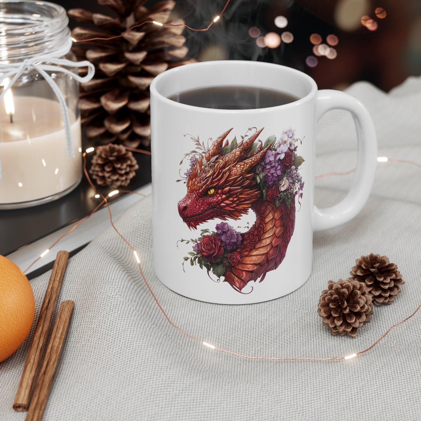 Mug Dragon Rouge et Fleurs – Tasse Fantasy Puissante et Élégante – Cadeau Magique Céramique 325ml