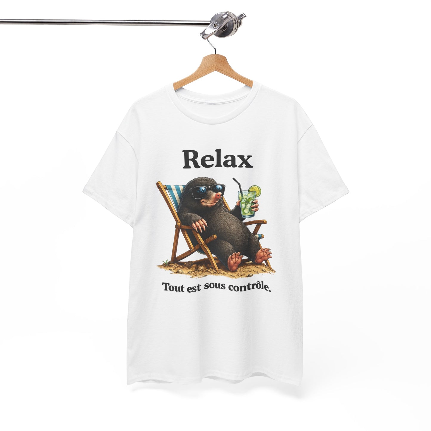 T-Shirt Humour Homme et Femme – Taupe Relax Détente Vacances – Animal Drôle avec Lunettes – Cadeau Original – Blanc et Gris