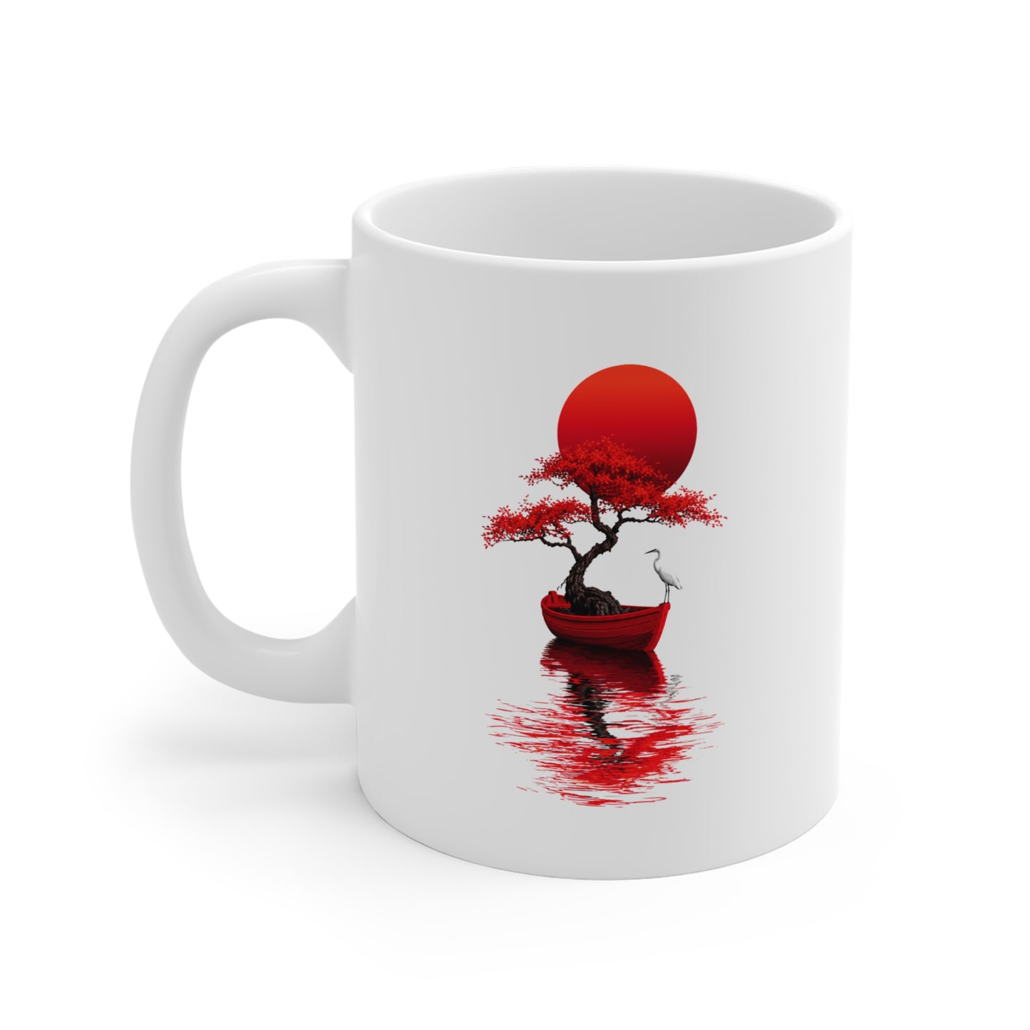 Mug Japonais Paysage Zen – Tasse Arbre Rouge Soleil et Bateau – Décoration Asiatique Nature – Cadeau Homme et Femme