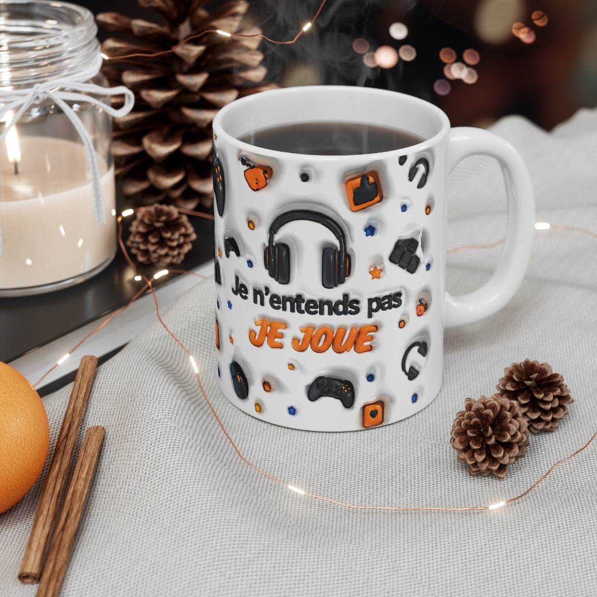 Mug Gamer « Je n’entends pas, je joue » – Tasse Gaming avec Casque, Manettes et Clavier – Cadeau Original Joueur Jeux Vidéo