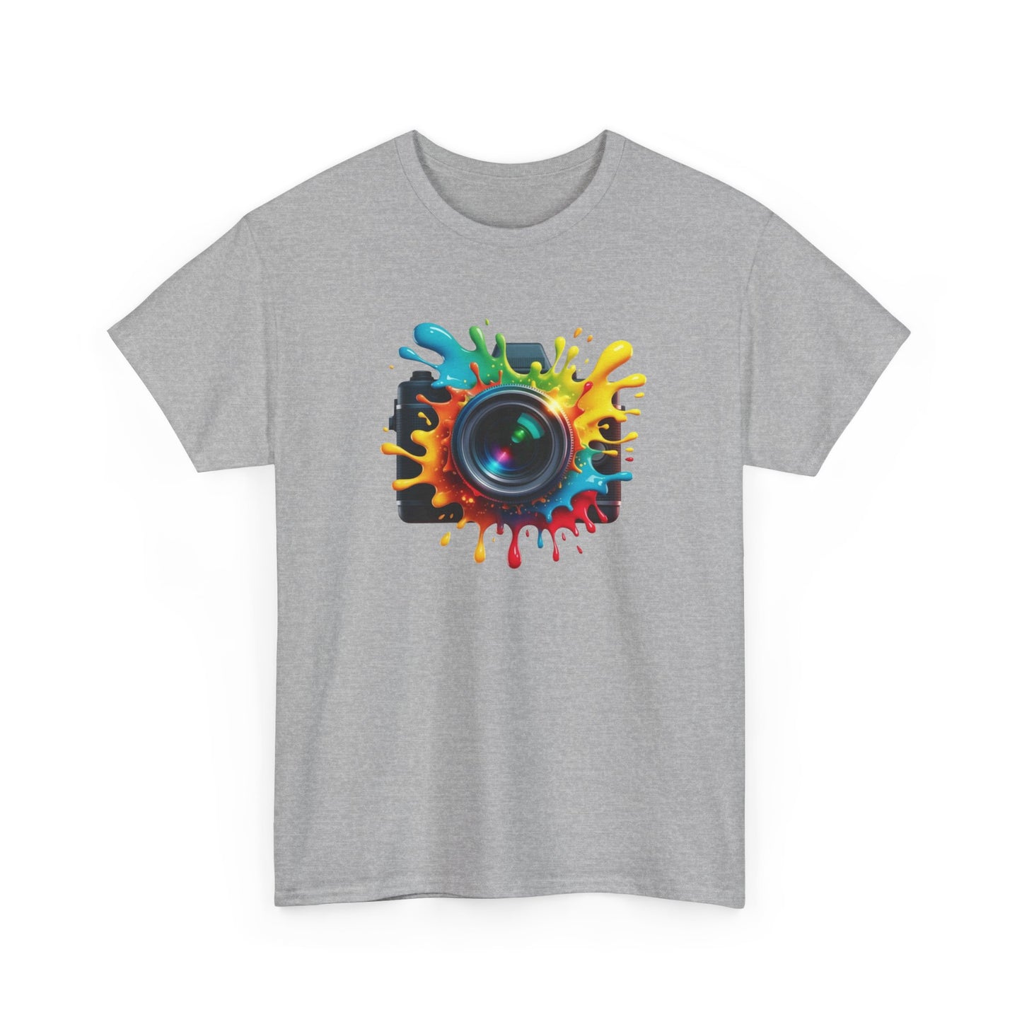 T-Shirt Photographie Appareil Photo Coloré – Tee Shirt Camera Splash Art – Cadeau Photographe Original Noir Blanc Gris