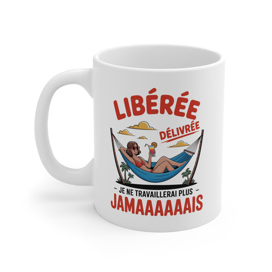 Mug Humour Vacances – Tasse Céramique 325ml Femme Hamac Cocktail – Cadeau Départ Retraite Été