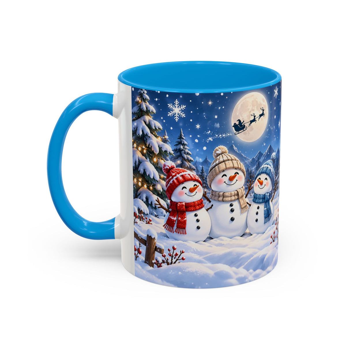 Mug Bonhommes de Neige de Noël – Tasse Hiver avec Sapins Enneigés, Lune et Traîneau du Père Noël – Cadeau Original Homme Femme