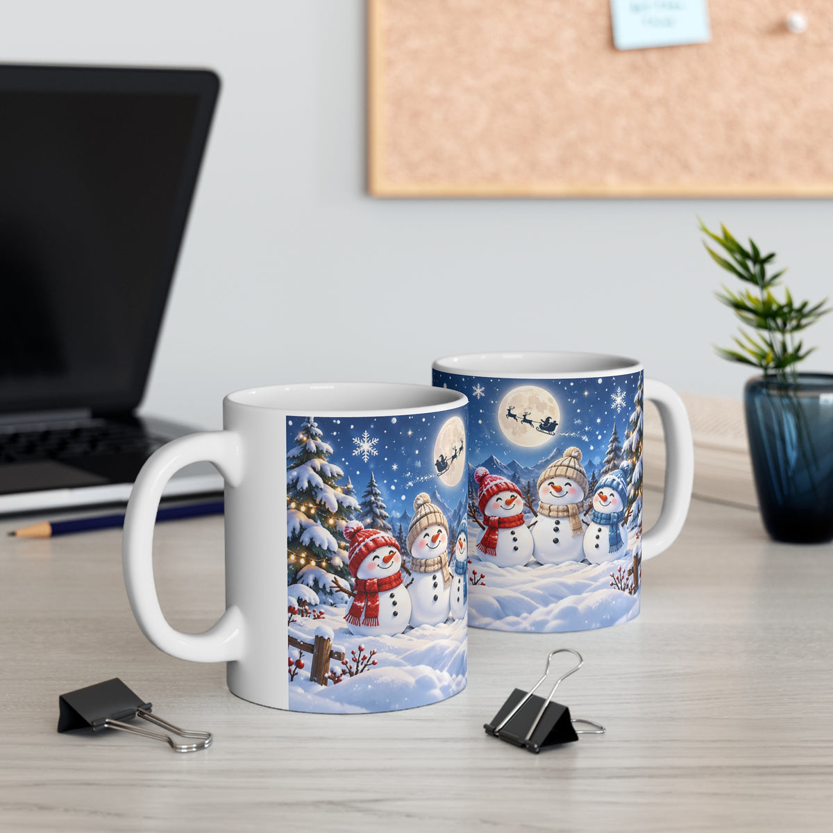 Mug Bonhommes de Neige de Noël – Tasse Hiver avec Sapins Enneigés, Lune et Traîneau du Père Noël – Cadeau Original Homme Femme