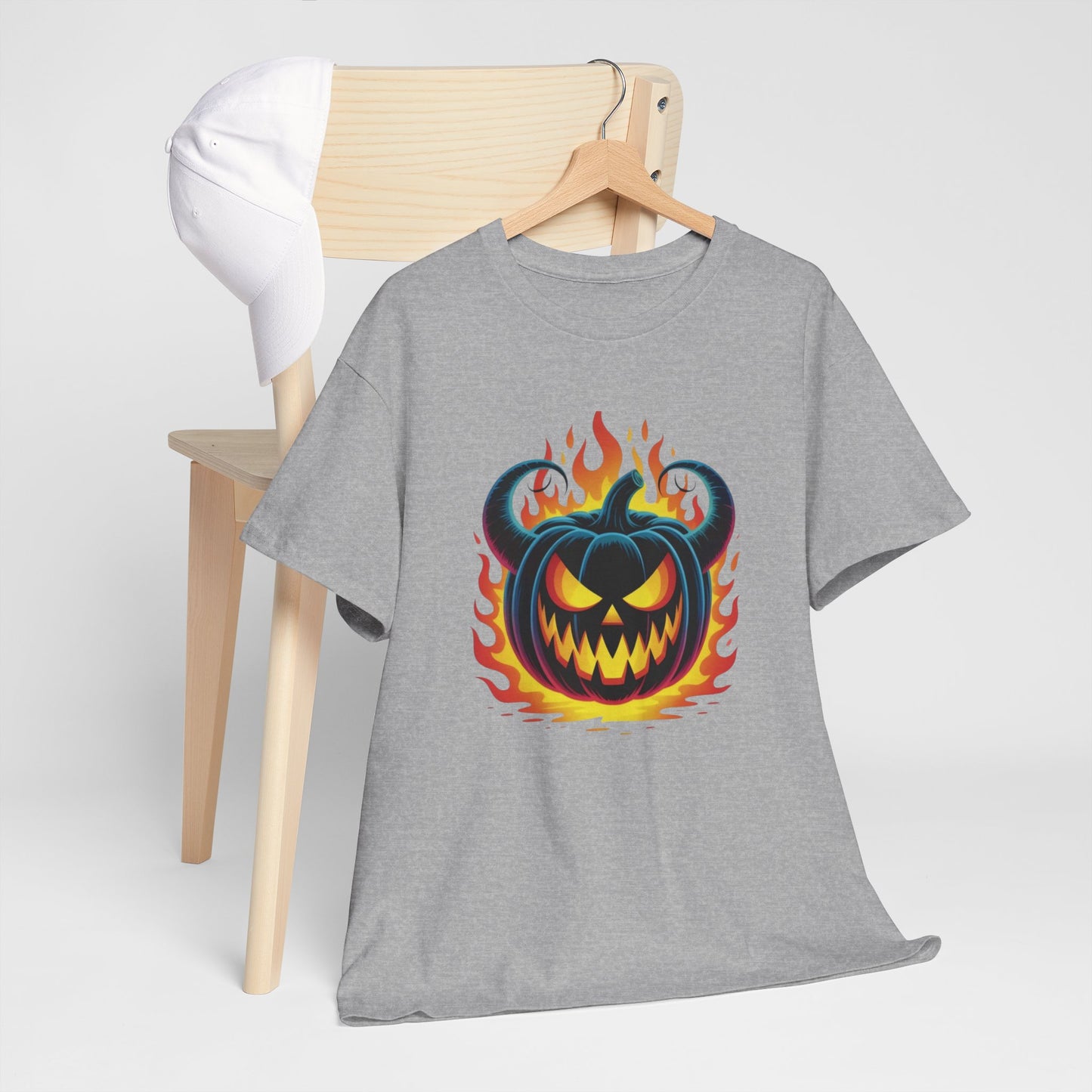 T-Shirt Halloween Citrouille Démoniaque Feu Adulte – Tee Shirt Jack O Lantern Effrayant – Design Horreur Fantaisie Noir Blanc Gris