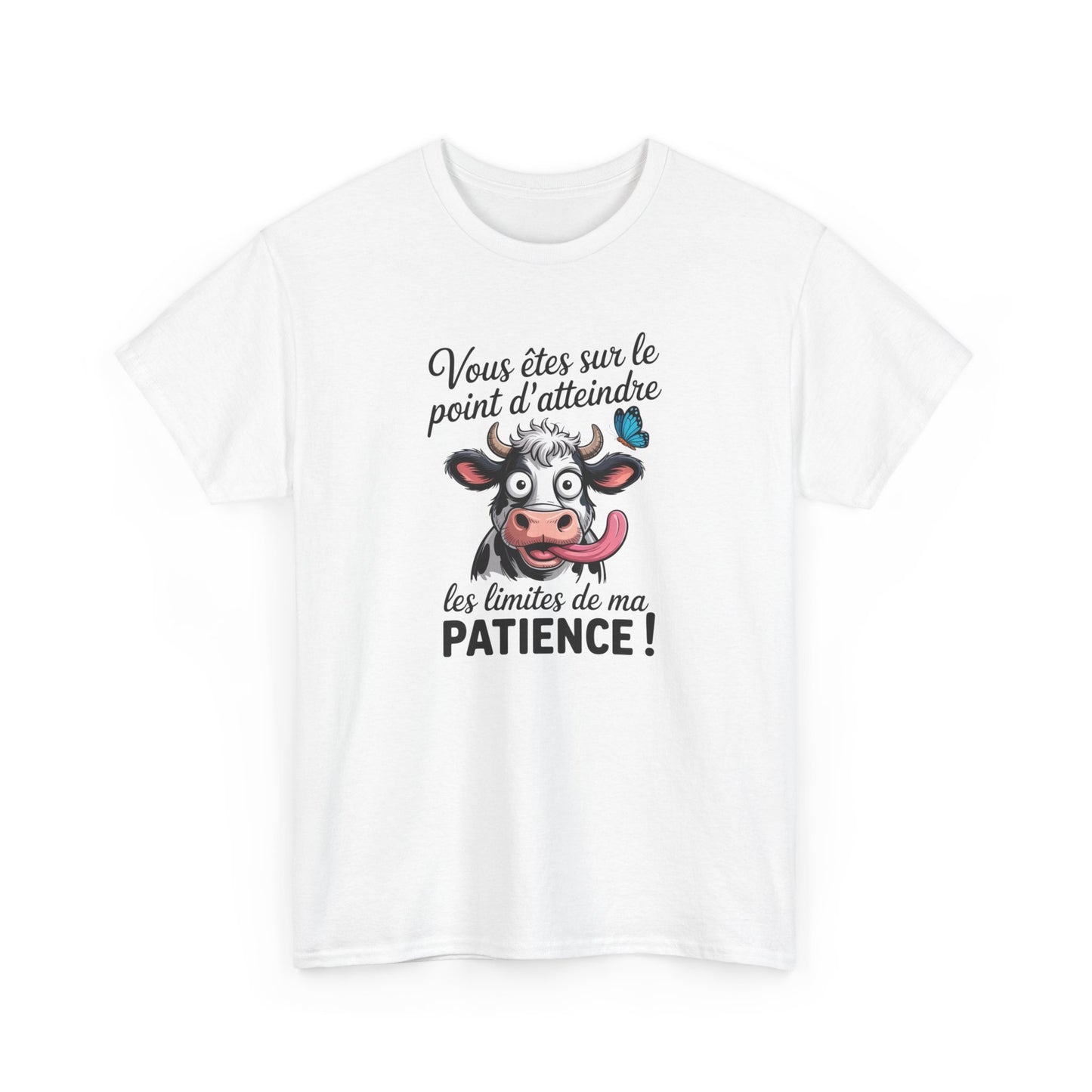 T-Shirt Humoristique Vache Patience – Tee Shirt Drôle Adulte Homme Femme – Cadeau Humour Animal – Noir Blanc Gris