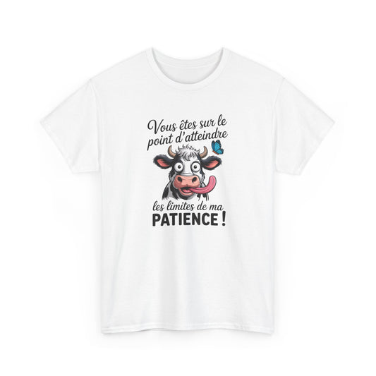 T-Shirt Humoristique Vache Patience – Tee Shirt Drôle Adulte Homme Femme – Cadeau Humour Animal – Noir Blanc Gris