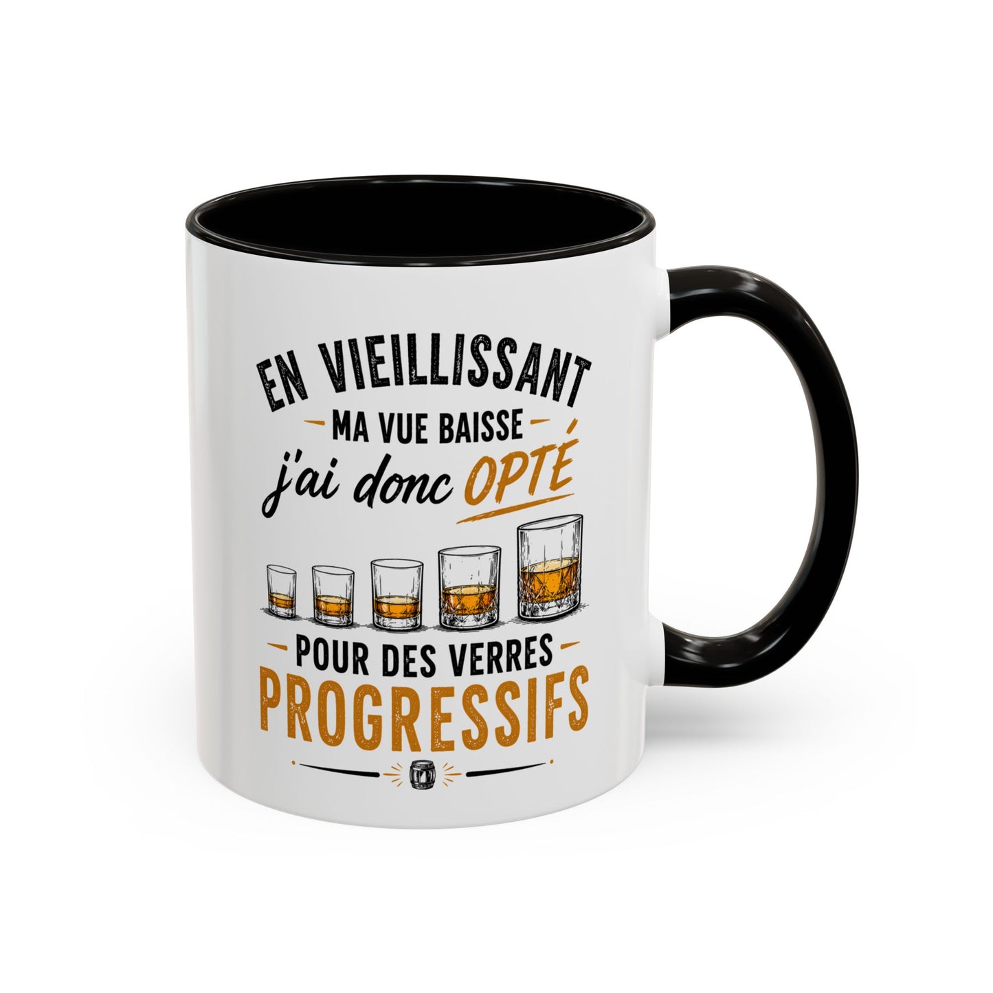 Mug Humour Whisky et Vieillesse – En Vieillissant Ma Vue Baisse J’ai Donc Opté pour des Verres Progressifs – Cadeau Drôle Amateur Whisky 325ml
