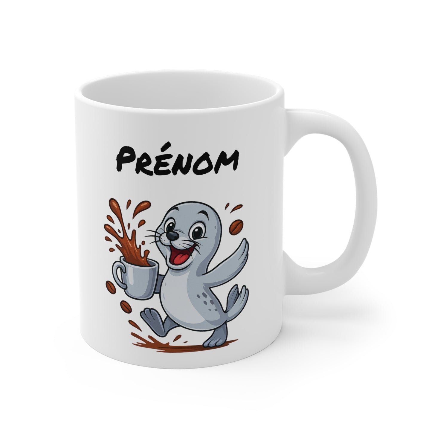 Tasse Personnalisable Phoque Café – Mug Prénom Animal Cartoon Céramique 325ml – Cadeau Original
