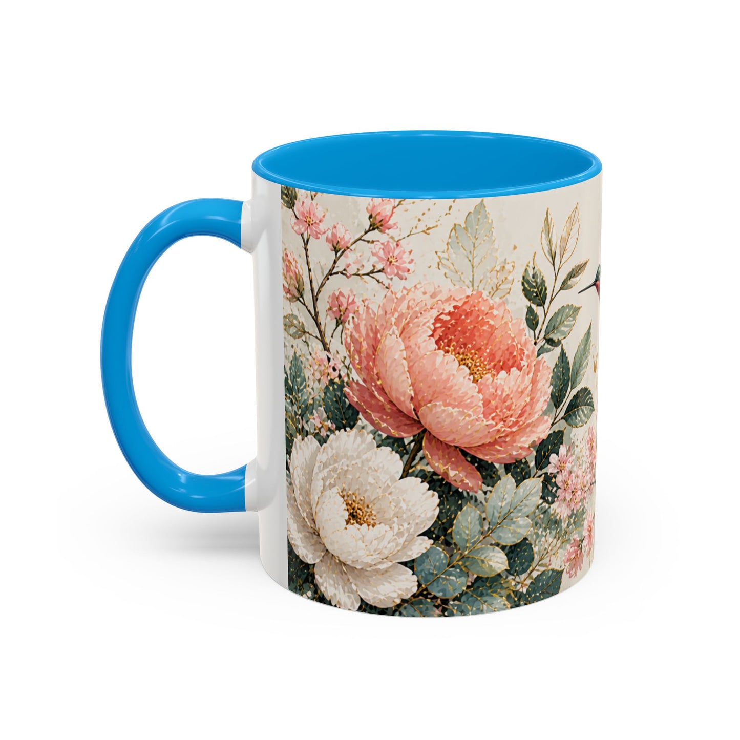 Tasse Florale Colibri et Pivoines – Mug Aquarelle Chic avec Fleurs Roses et Blanches – Design Nature 325ml