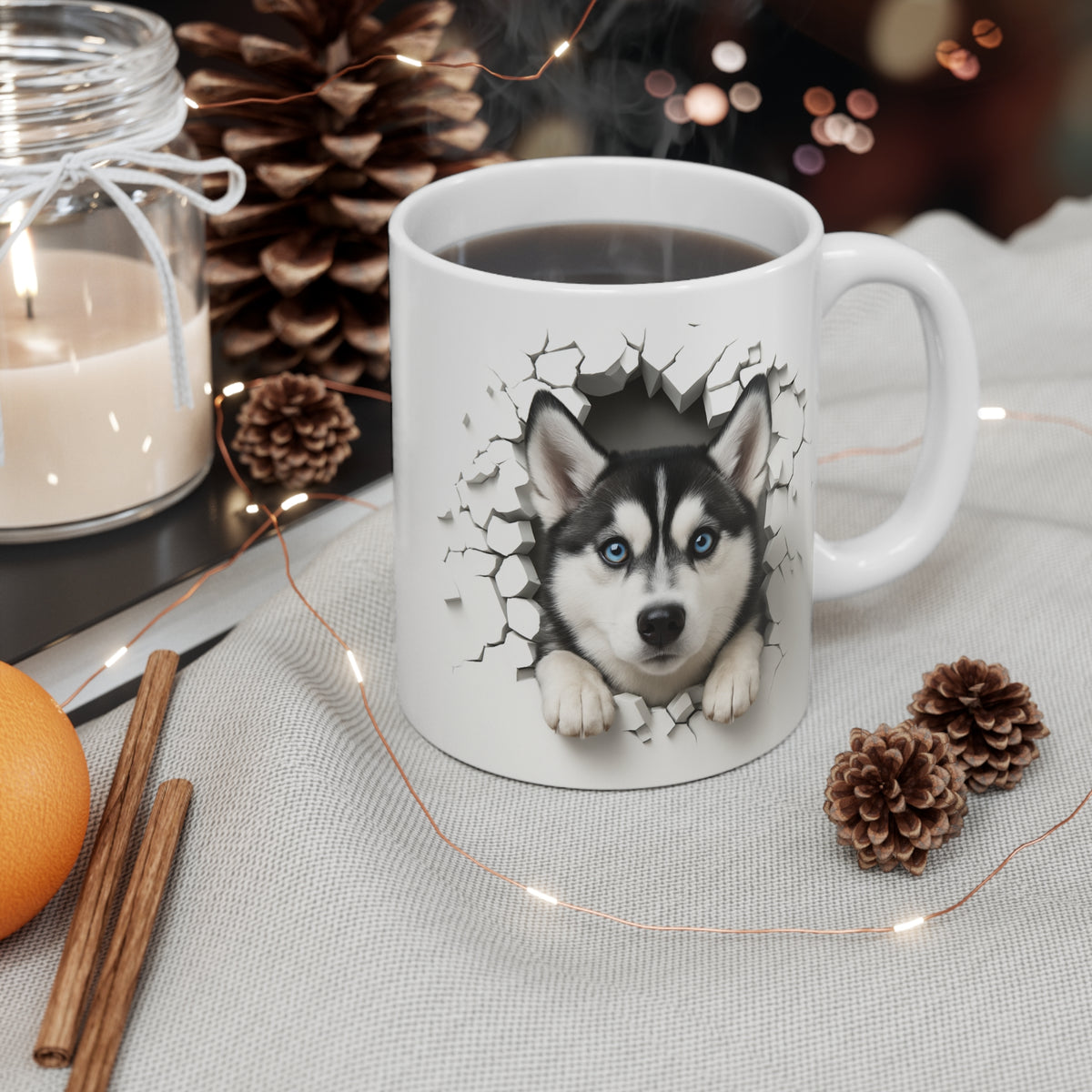 Mug Husky Sibérien Effet Mur Cassé – Tasse Chien 3D Trompe-l’œil – Cadeau Original Amoureux du Husky
