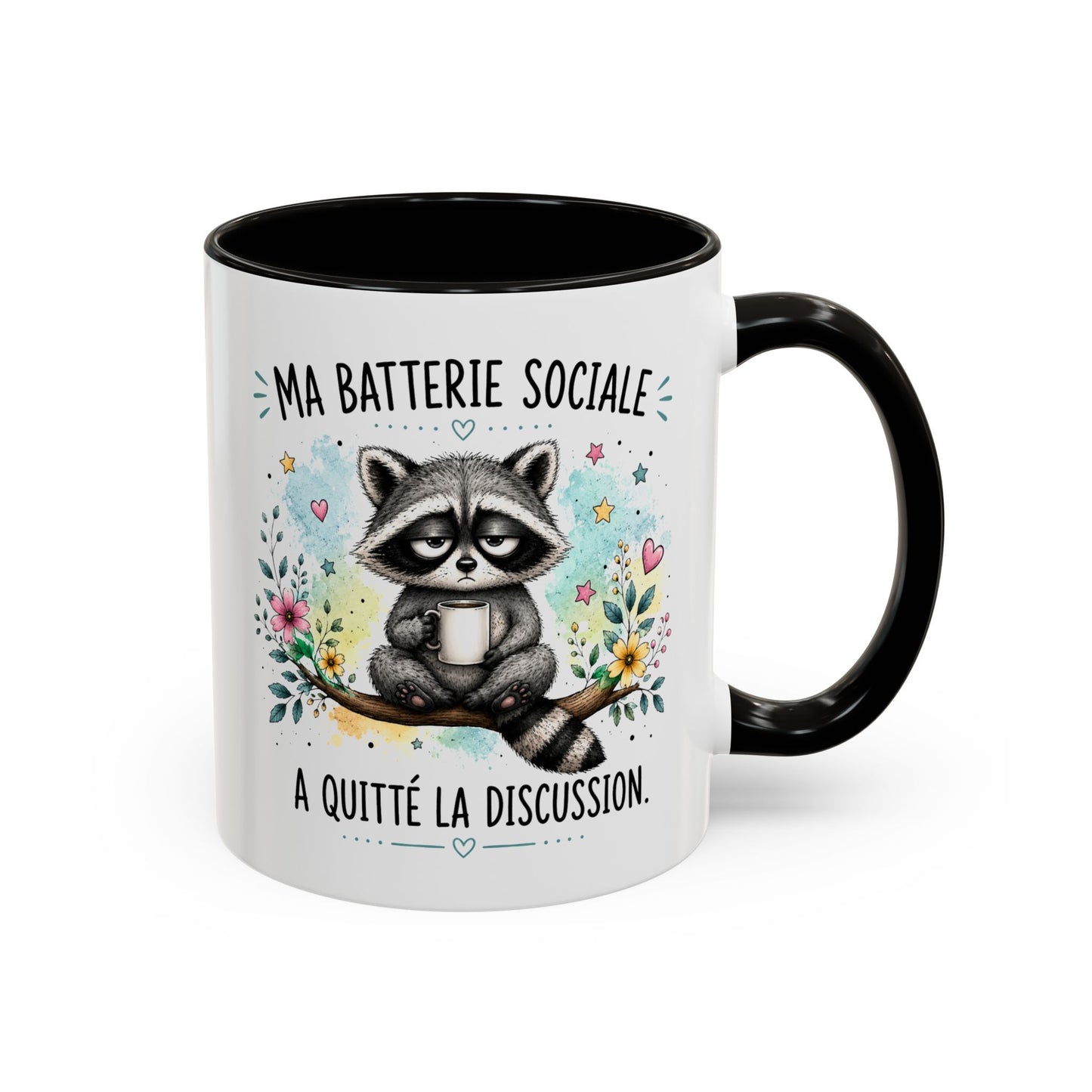 Tasse Raton Laveur Drôle Homme Femme – Mug Ma batterie sociale a quitté la discussion – Cadeau Humour Introverti 325 ml